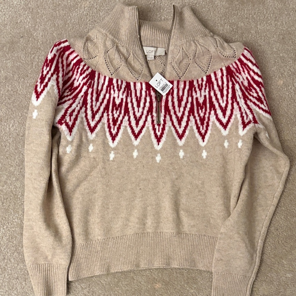 LOFT Beige and Red Patterned half zip  Sweater